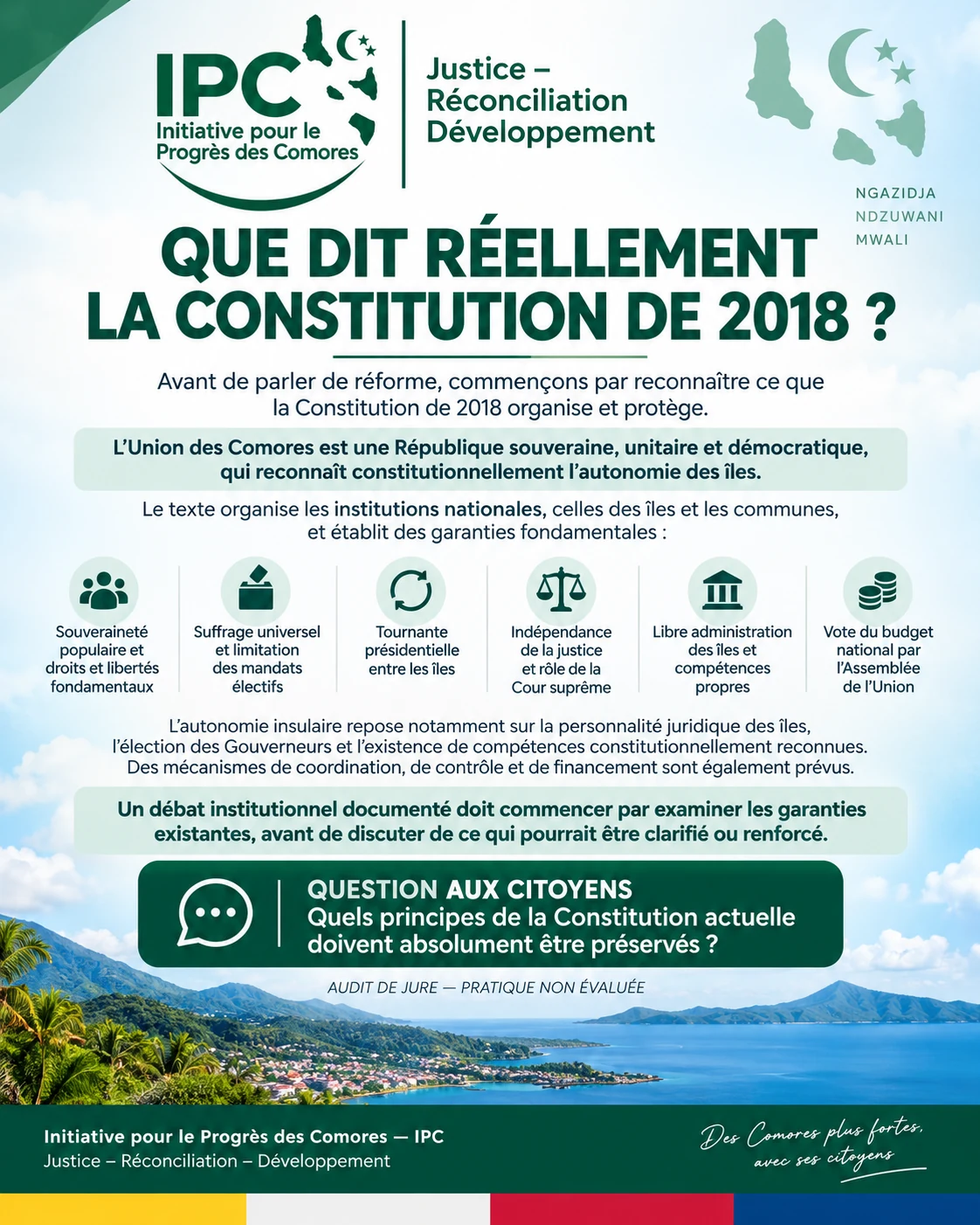 Visuel IPC présentant les acquis et garanties de la Constitution comorienne de 2018.